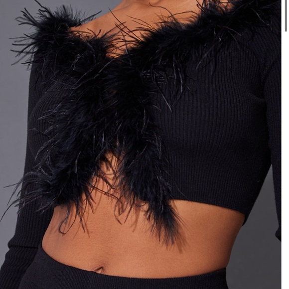 Pretty Little Thing black cropped cardigan feather trim hook and eye Sz S‎ new - Picture 3 of 11